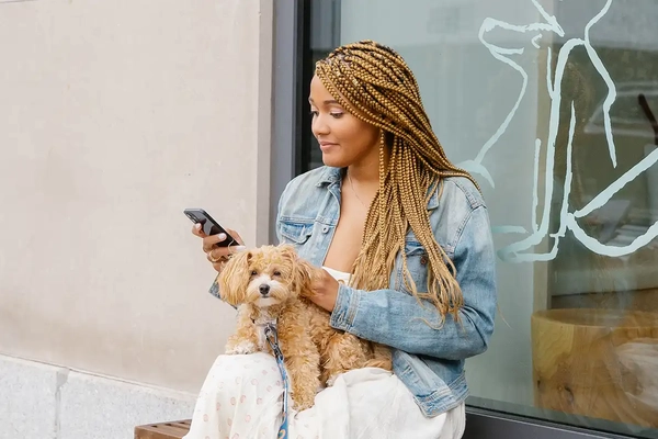 Woman looking at her phone with her small dog on her lap.